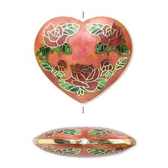 Picture of Cloisonné Bead Heart with Rose design 40x36mm x1 