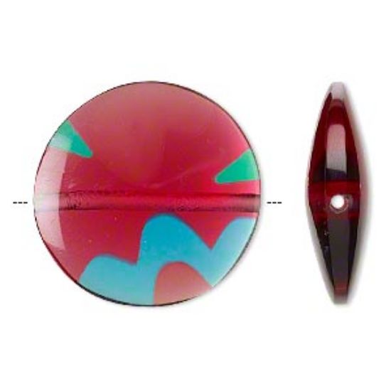 Picture of Resin Bead 28mm double-sided flat round with flower design  transparent red/blue/green x1