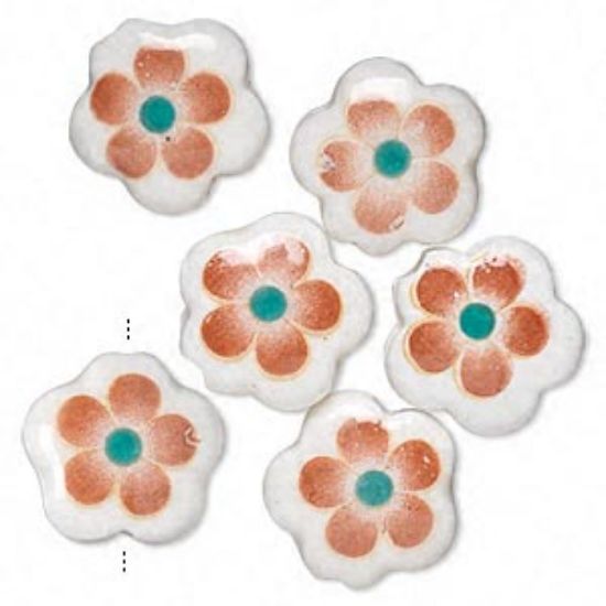 Picture of Porcelain Bead Flower 15mm w/ 2-2.5mm hole White/Red/Teal x6