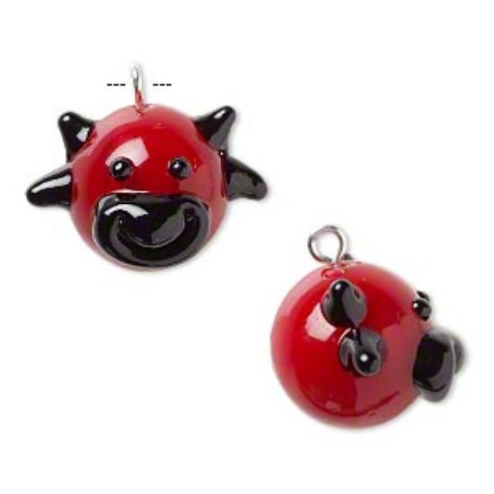 Picture of Charm, lampworked glass and silver-finished brass, red and black, 20x17mm bull head. Sold individually.