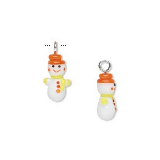 Picture of Charm, lampworked glass  white and red, 13x7mm snowman. x1