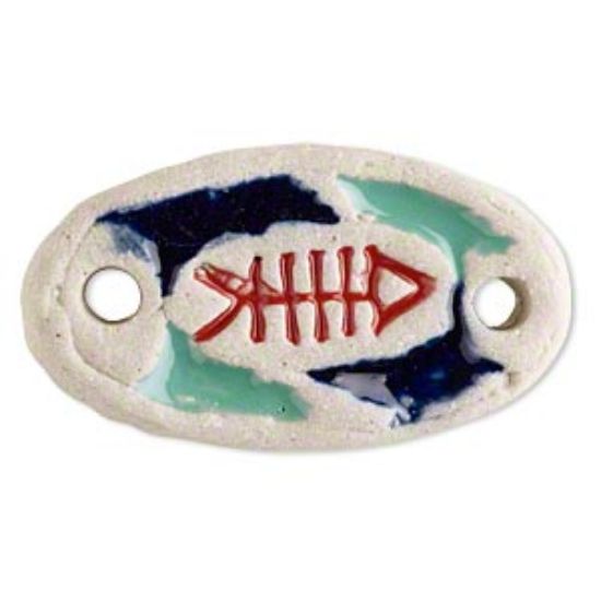 Picture of Ceramic Focal 37x20mm single-sided oval w/ fish skeleton and 2 holes x1