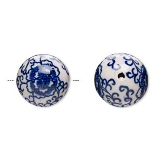 Picture of Bead, glazed porcelain, white and blue, 32mm round with flower design x1