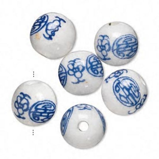 Picture of Porcelain bead 12mm w/ round hand-painted double happiness symbol Blue/White x1
