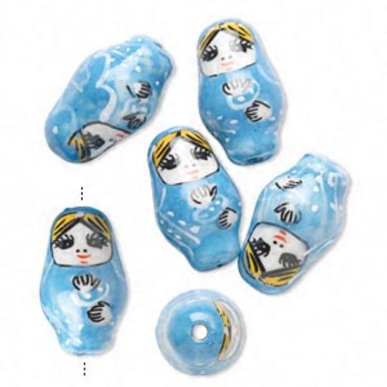 Picture of Porcelain bead Russian Doll 26x16mm hand-painted  Blue x1