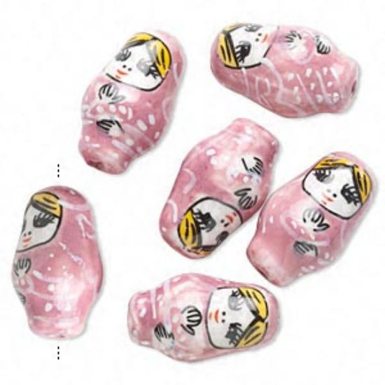 Picture of Porcelain bead Russian Doll 26x16mm hand-painted  Pink x1