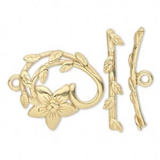 Picture of Clasp, JBB Findings, toggle, gold-plated pewter (tin-based alloy), 24x22.5mm single-sided fancy flower x1