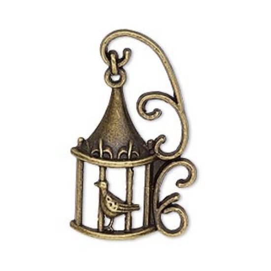 Picture of Charm Bird in Cage. 35x20 mm Antique Brass x2