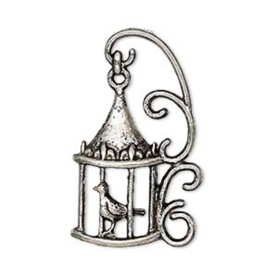 Picture of Charm Bird in Cage. 35x20 mm Antique Silver x2