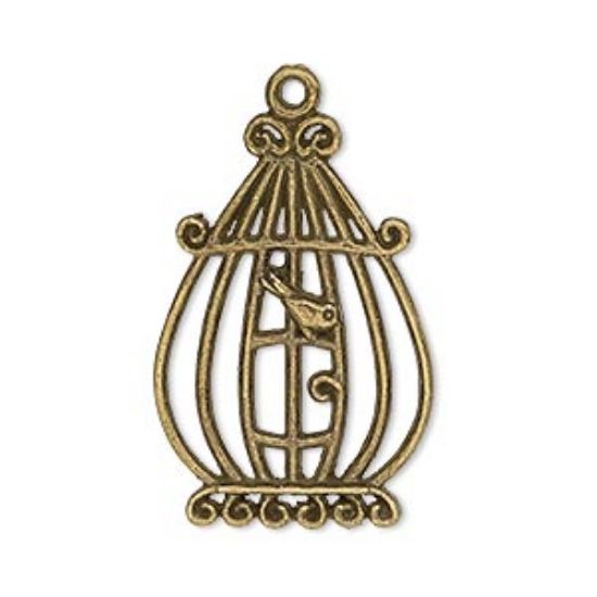 Picture of Charm Bird in Cage. 31x21 mm Antique Brass x2