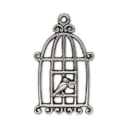 Picture of Charm Bird in Cage. 30.5x20 mm Antique Silver x2