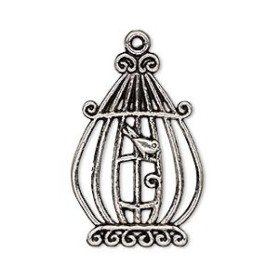 Picture of Charm Bird in Cage. 31x21mm Antique Silver x2