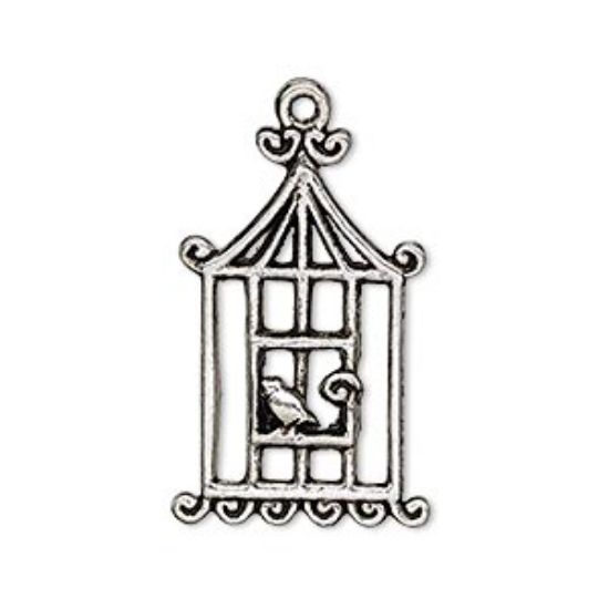 Picture of Charm Bird in Cage. 29x18 mm Antique Silver x2