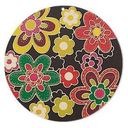 Afbeelding van Hanger, kleurfolie en verguld messing, veelkleurig, 47mm enkelzijdig rond met bloem design.
