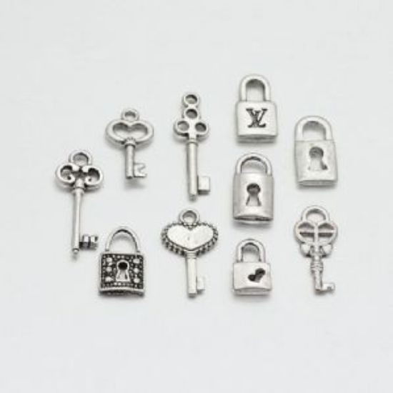 Picture of Charm  "Locks and Keys" Mix Antiqued Silver x10