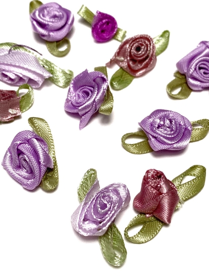 Picture of Fabric Rose w. Leaf 25x15 mm Purple Mix x20