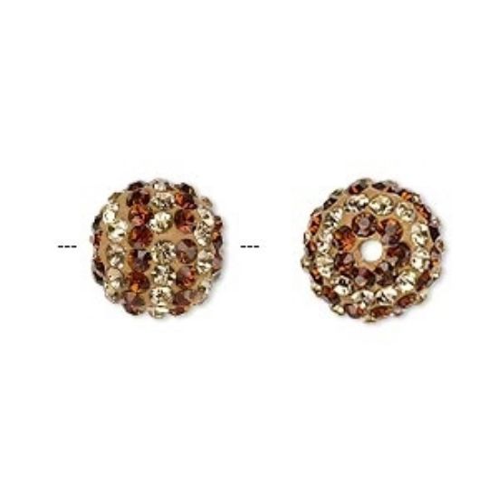 Picture of Bead Egyptian glass rhinestone / epoxy / resin brown and champagne 12mm round with pavé striped design.