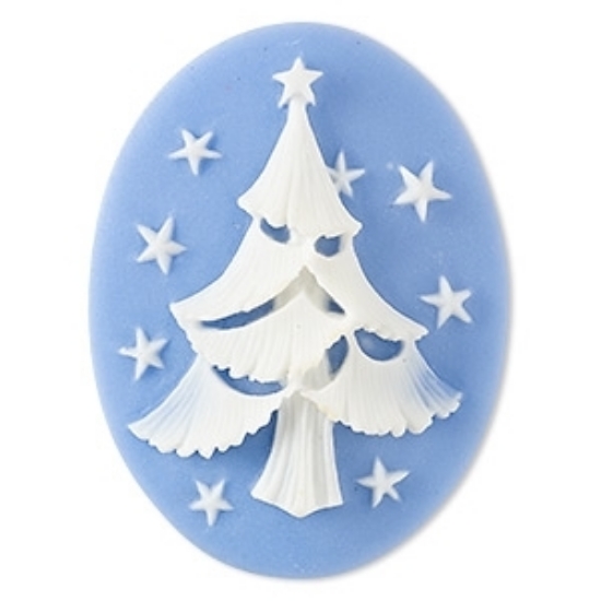 Picture of Cabochon Cameo Christmas tree and stars 40x30mm oval Blue x1