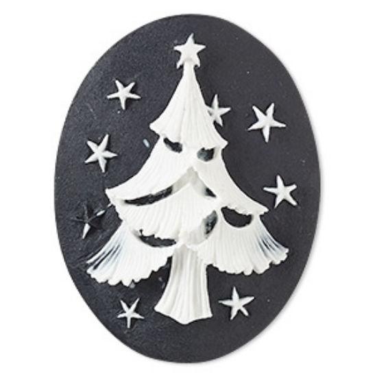 Picture of Cabochon Cameo Christmas tree and stars 40x30mm oval Black x1