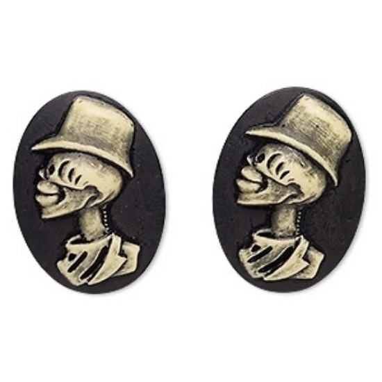 Picture of Cabochon Cameo Skeleton and top hat 40x30mm oval Black x1