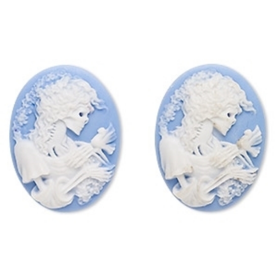 Picture of Cabochon Cameo lady skeleton and bird 40x30mm oval Blue x1