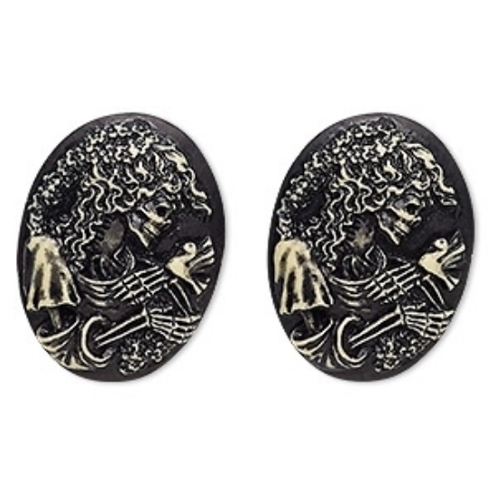 Picture of Cabochon Cameo lady skeleton and bird 40x30mm oval Black x1