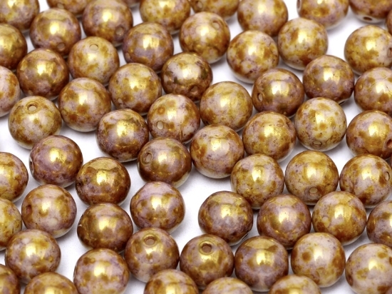 Picture of Czech Glass bead 6mm round Chalk White Lila Gold Luster x100