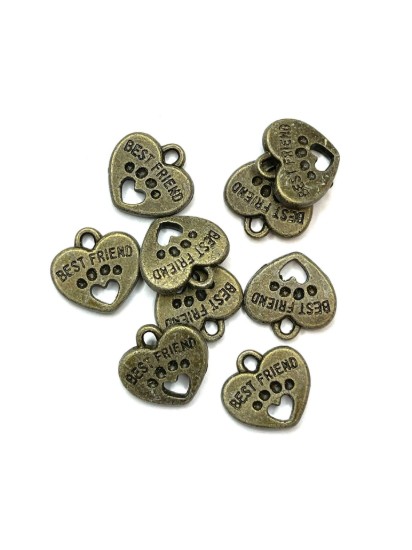 Изображение Charm Heart Dog Paw "Best Friend" 15mm Bronze x10