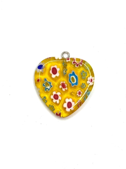 Picture of Millefiori Glass Pendant Heart 25mm Yellow x1