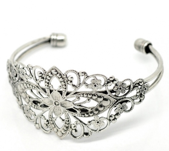 Picture of Bracelet Cuff Filigree Flower Silver Tone x1
