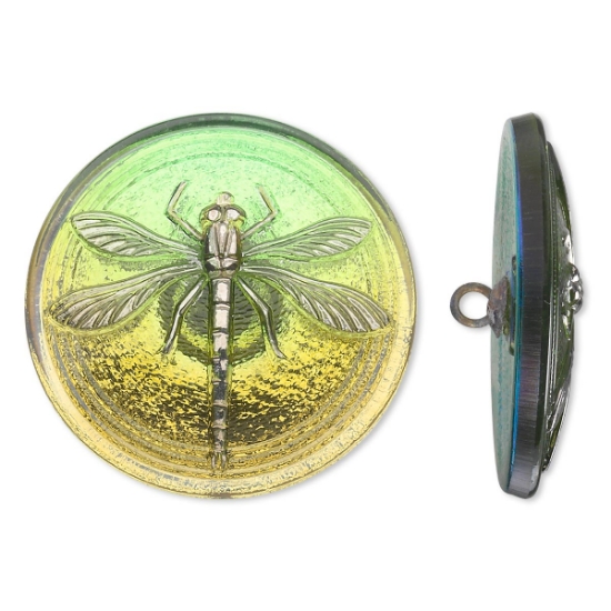 Picture of Czech Glass Button Libelle 31mm Olvine Silver x1