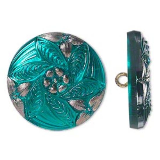 Picture of Czech Glass Button Floral Design 27mm Turquoise Blue and Silver x1