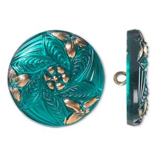 Picture of Czech Glass Button Floral Design 27mm Turquoise Blue and Gold x1
