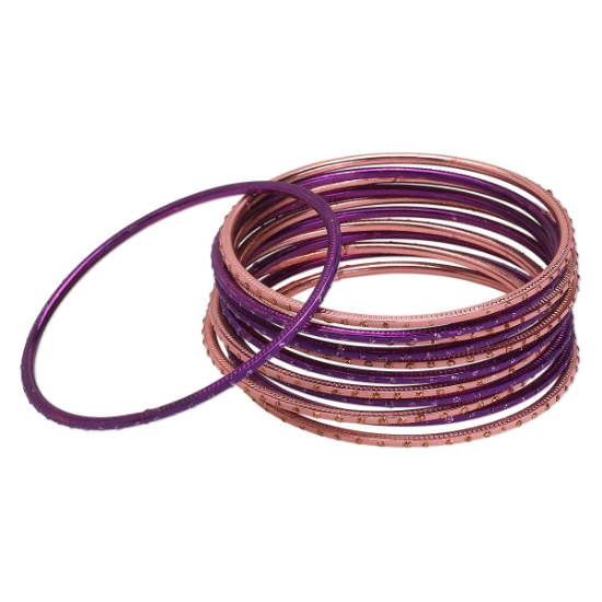 Picture of Bangle Bracelets Anodized Aluminum Pink and Purple w/ Glitter x12