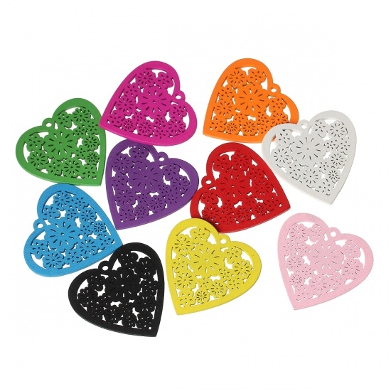 Picture of Pendant Wood Heart 45mm Color Mix x5
