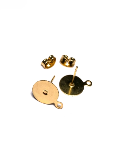 Picture of Premium Stainless Steel Ear stud flat pad 10mm round w/loop Gold Plated x2