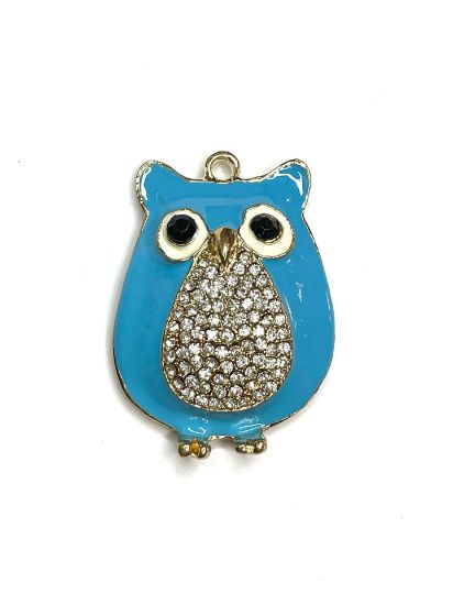 Picture of Enamel Pendant  Owl with strass 67x47x15mm Turquoise x1