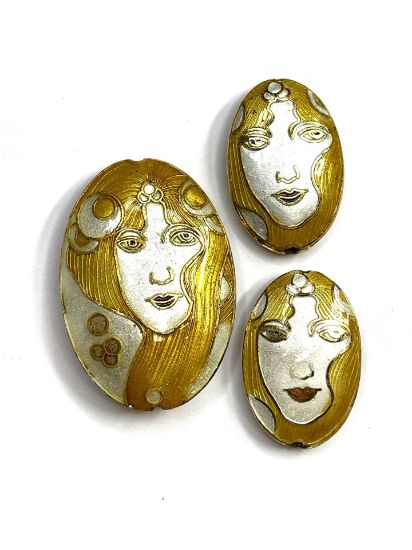 Picture of Cloisonné Bead Art Deco Woman 34x23mm and 49x34mm Yellow 3-piece set