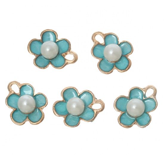 Picture of Charm Enamel Flower 14x11mm Acrylic Pearl Gold Tone Blue x5 