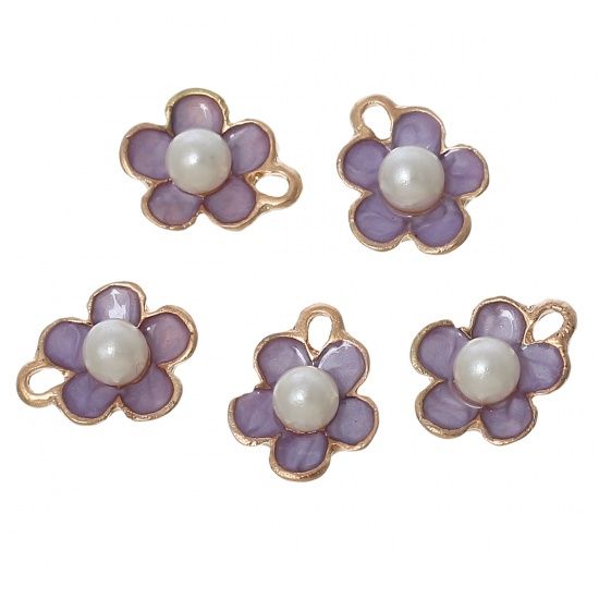 Picture of Charm Enamel Flower 14x11mm Acrylic Pearl Gold Tone Purple x5 