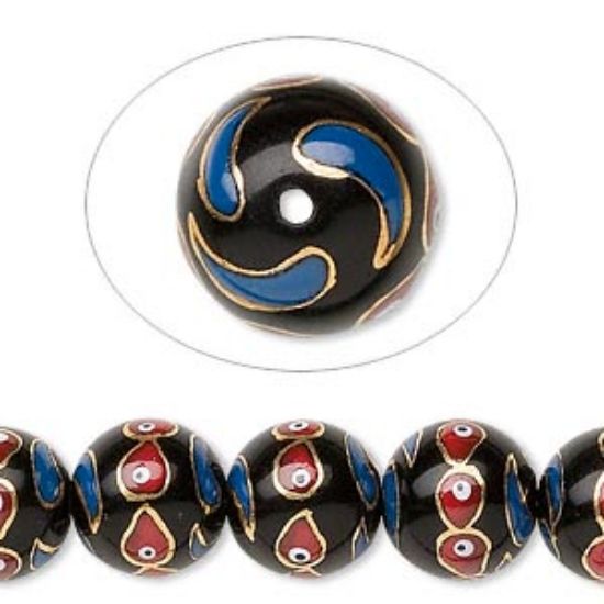 Picture of Glass Bead Round 12mm hand-painted Black with Red eyes x8