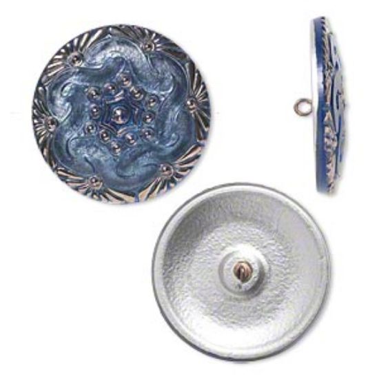 Picture of Czech Glass Button Floral Design 41mm Blue and Silver x1 