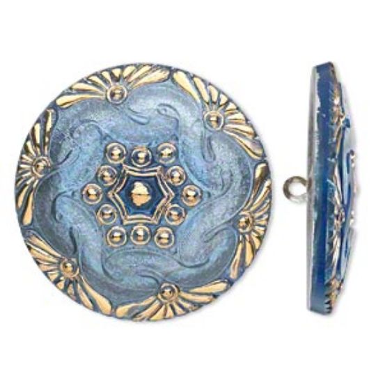 Picture of Czech Glass Button Floral Design 41mm Blue and Gold x1