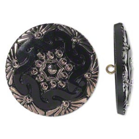 Picture of Czech Glass Button Floral Design 41mm Black and Silver x1
