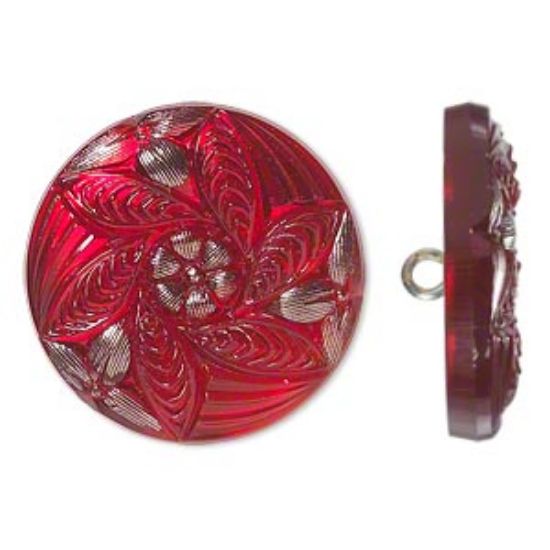 Picture of Czech Glass Button Floral Design 27mm Red and Silver x1