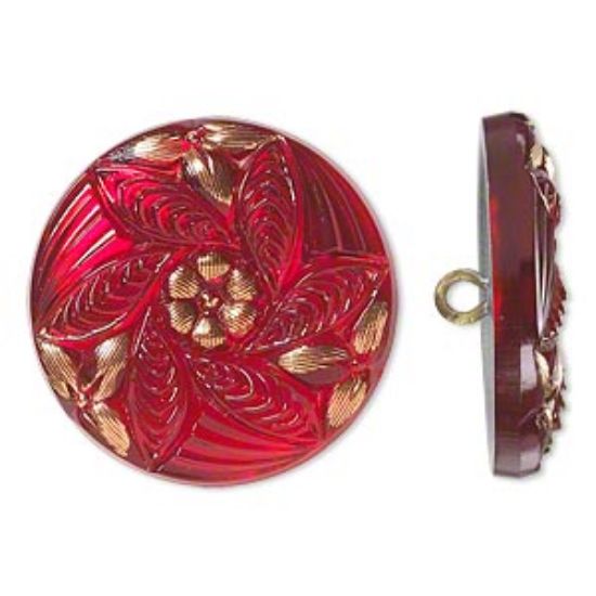 Picture of Czech Glass Button Floral Design 27mm Red and Gold x1