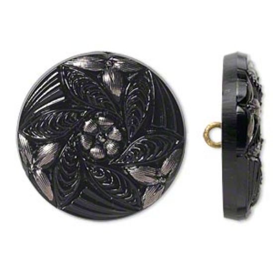Picture of Czech Glass Button Floral Design 27mm Black and Silver x1