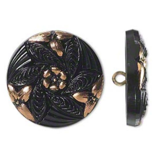 Picture of Czech Glass Button Floral Design 27mm Black and Gold x1