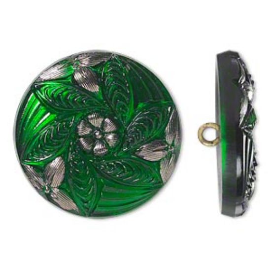 Picture of Czech Glass Button Floral Design 27mm Emerald and Silver x1