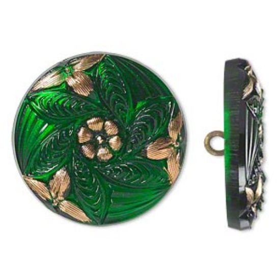 Picture of Czech Glass Button Floral Design 27mm Emerald and Gold x1